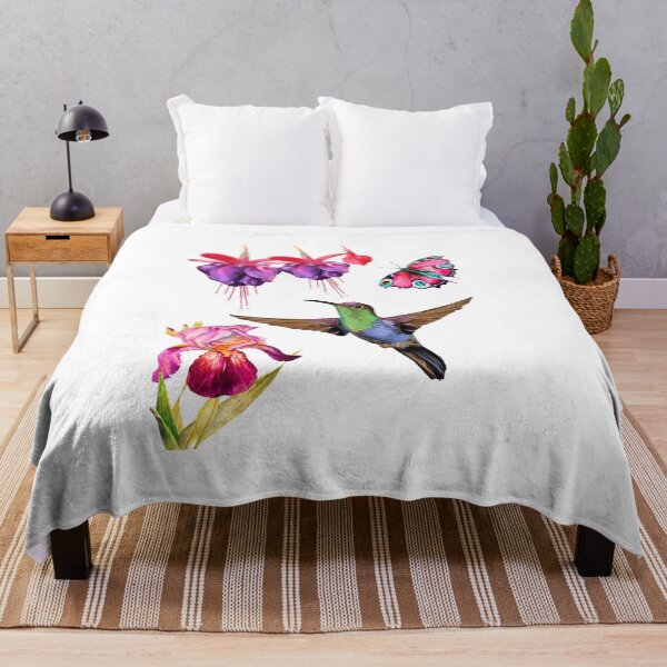 Item preview, Hummingbird and butterfly flying towards some fuchsia and iris flowers designed and sold by gabmenfer.