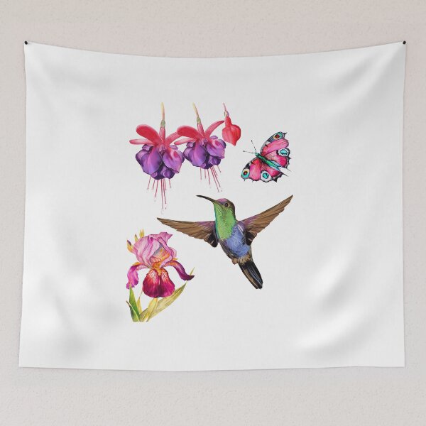 Item preview, Hummingbird and butterfly flying towards some fuchsia and iris flowers designed and sold by gabmenfer.