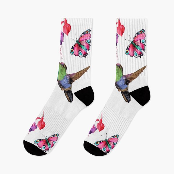 Item preview, Hummingbird and butterfly flying towards some fuchsia and iris flowers designed and sold by gabmenfer.