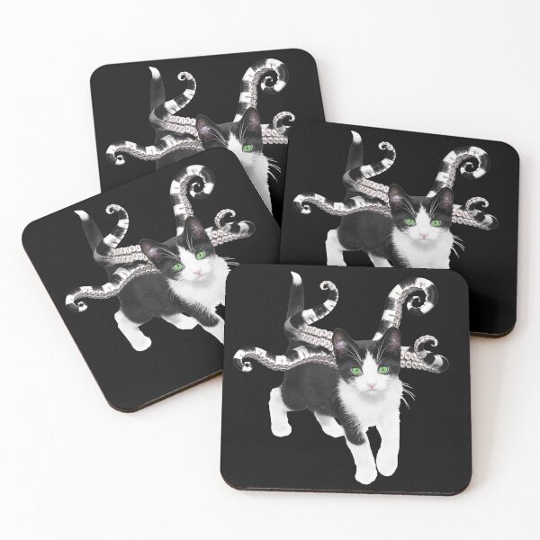 Item preview, Tentacled Black & White Kitten w/ Green Eyes v3 - black background designed and sold by motleythread.