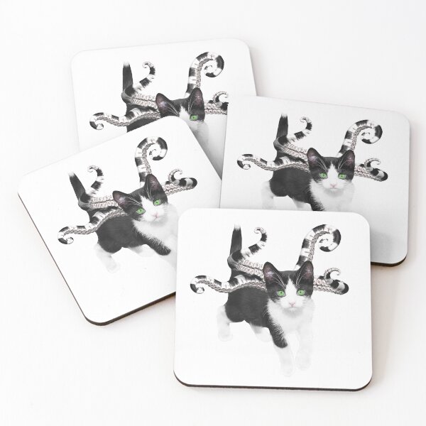 Item preview, Tentacled Black & White Kitten w/ Green Eyes v3 - white background designed and sold by motleythread.