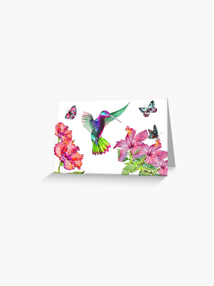 Carte De Vœux Colibri Et Papillons Parmi Les Hibiscus Par Gabmenfer Redbubble