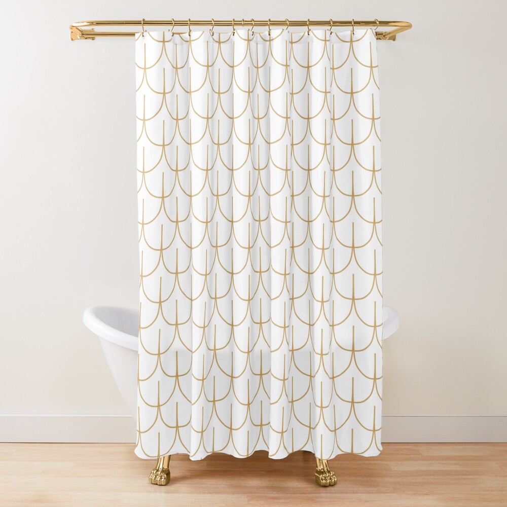 Gold And White Art Deco Fish Scale Pattern Shower Curtain By Karinai Redbubble