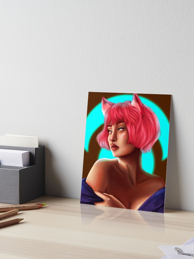 Thumbnail 1 of 2, Art Board Print, Kitsune, fox, animal, ears, anime, inspired, OC, yellow eyes, red hair, glowing, folklore, fantasy, portrait, digital, art designed and sold by WIKEDPrints.