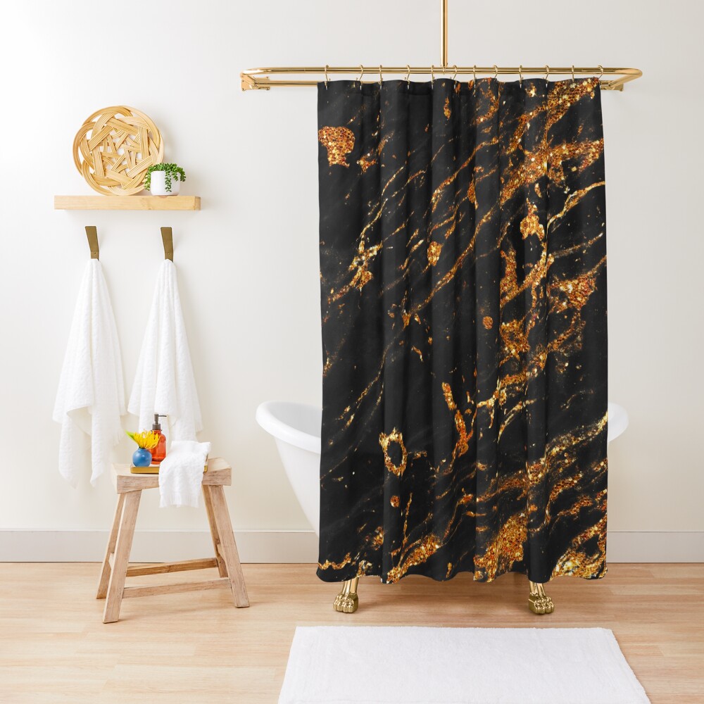 Gold Glitter Veins on Black Marble Shower Curtain