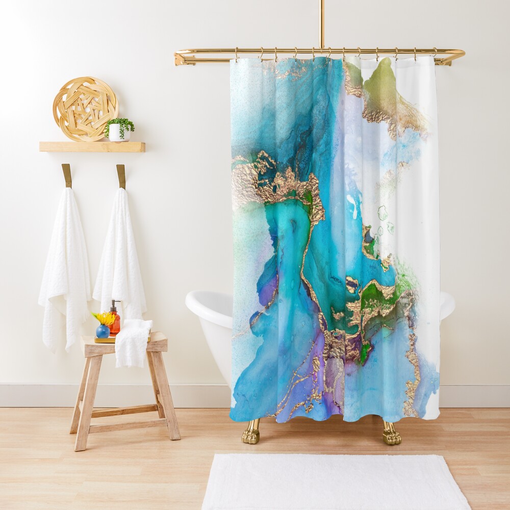 Shiny Blue and Gold Ink Marble Shower Curtain