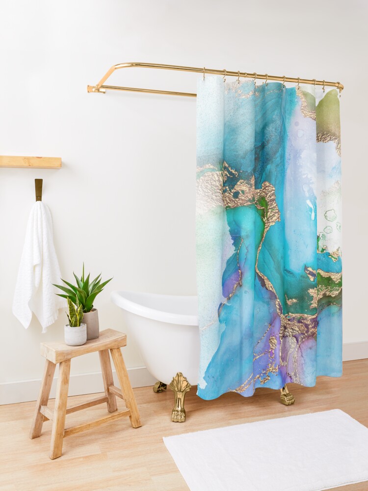 Alternate view of Shiny Blue and Gold Ink Marble Shower Curtain