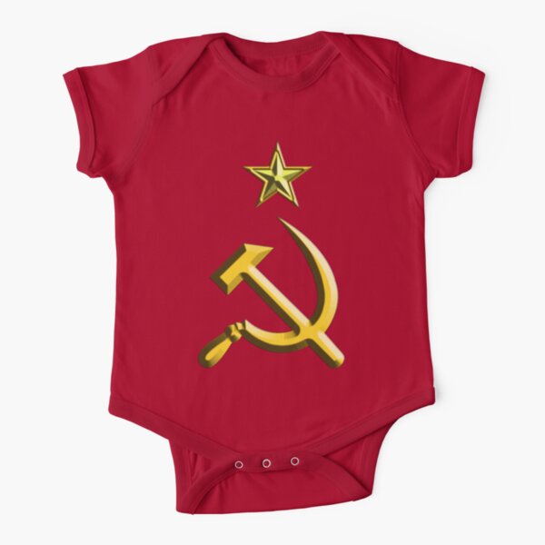 RUSSIA. USSR. Communist. Soviet Union. Hammer & Sickle. GOLD on RED. Short Sleeve Baby One-Piece