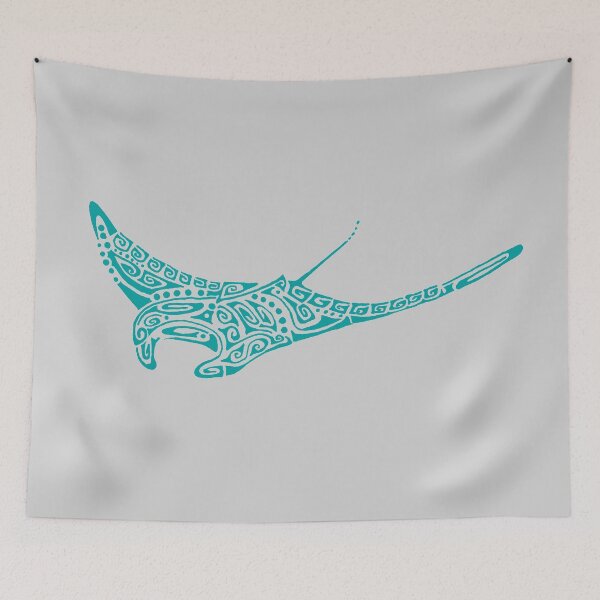 Item preview, Turquoise manta ray tattoo style pale gray background designed and sold by Zamen.