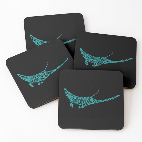 Item preview, Turquoise manta ray tattoo style black background designed and sold by Zamen.