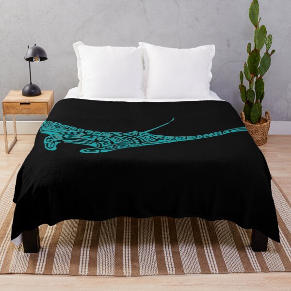 Item preview, Turquoise manta ray tattoo style black background designed and sold by Zamen.