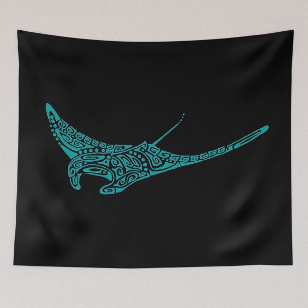 Item preview, Turquoise manta ray tattoo style black background designed and sold by Zamen.