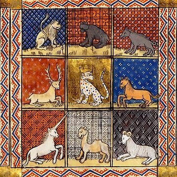 Aperçu de l'œuvre ANIMAUX FANTASTIQUES BESTIAIRES MÉDIÉVAUX DANS LES COULEURS BLEU ROUGE OR de BulganLumini