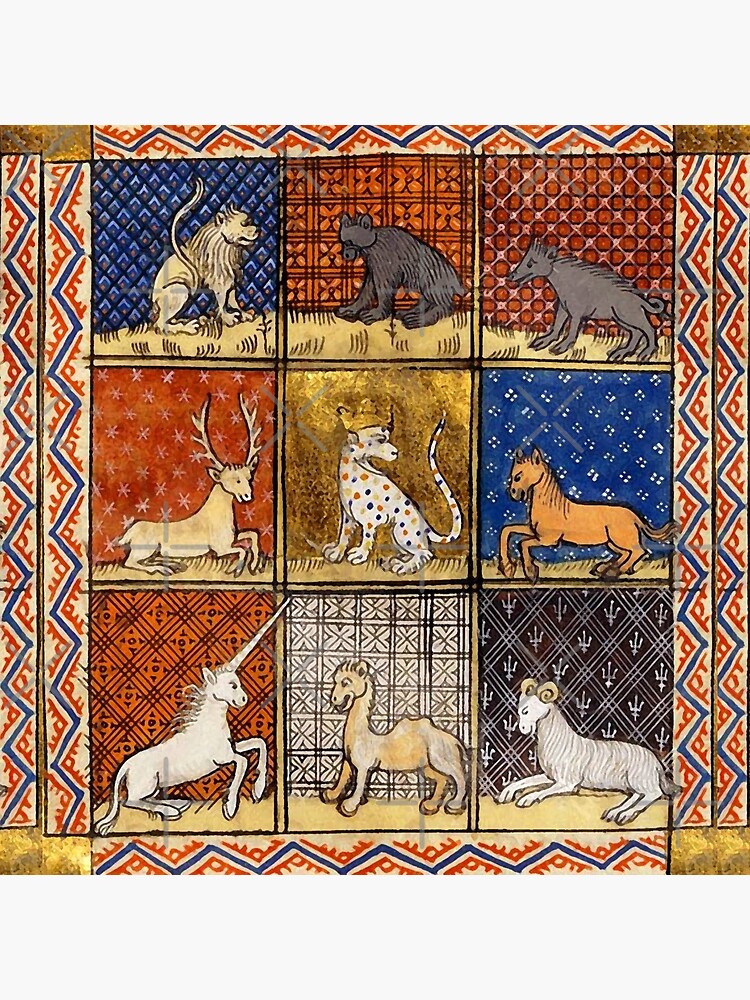 MEDIEVAL BESTIARY FANTASTIC ANIMALS IN GOLD RED BLUE COLORS by BulganLumini