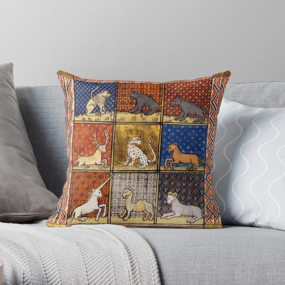 MEDIEVAL BESTIARY FANTASTIC ANIMALS IN GOLD RED BLUE COLORS Throw Pillow