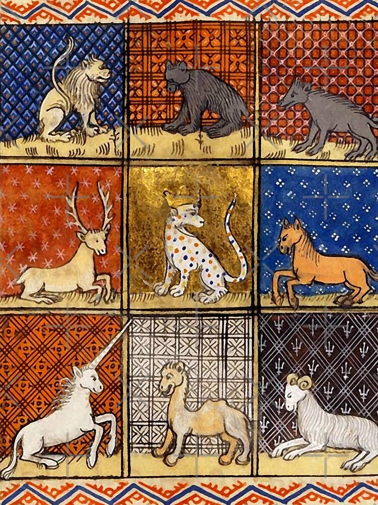 Aperçu 3 sur 3. Foulard avec l'œuvre ANIMAUX FANTASTIQUES BESTIAIRES MÉDIÉVAUX DANS LES COULEURS BLEU ROUGE OR créée et vendue par BulganLumini.