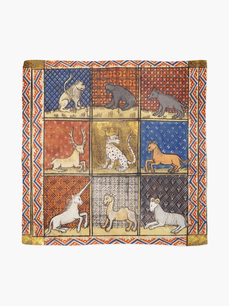 Aperçu 2 sur 3. Foulard avec l'œuvre ANIMAUX FANTASTIQUES BESTIAIRES MÉDIÉVAUX DANS LES COULEURS BLEU ROUGE OR créée et vendue par BulganLumini.