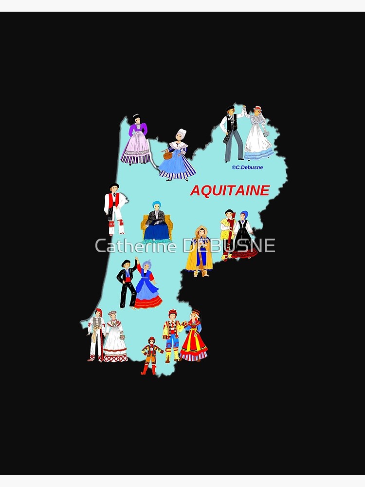 Map of AQUITAINE, France and some traditional costumes Art Board Print by  Catherine Debusne