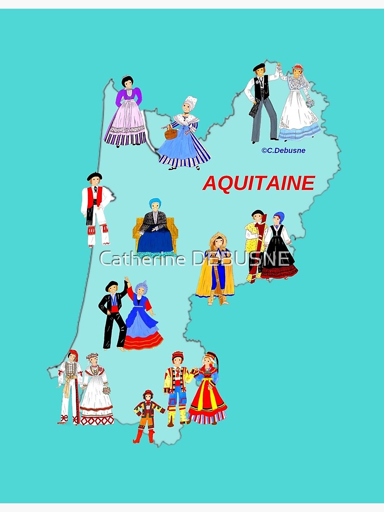 Map of AQUITAINE, France and some traditional costumes Art Board Print by  Catherine Debusne