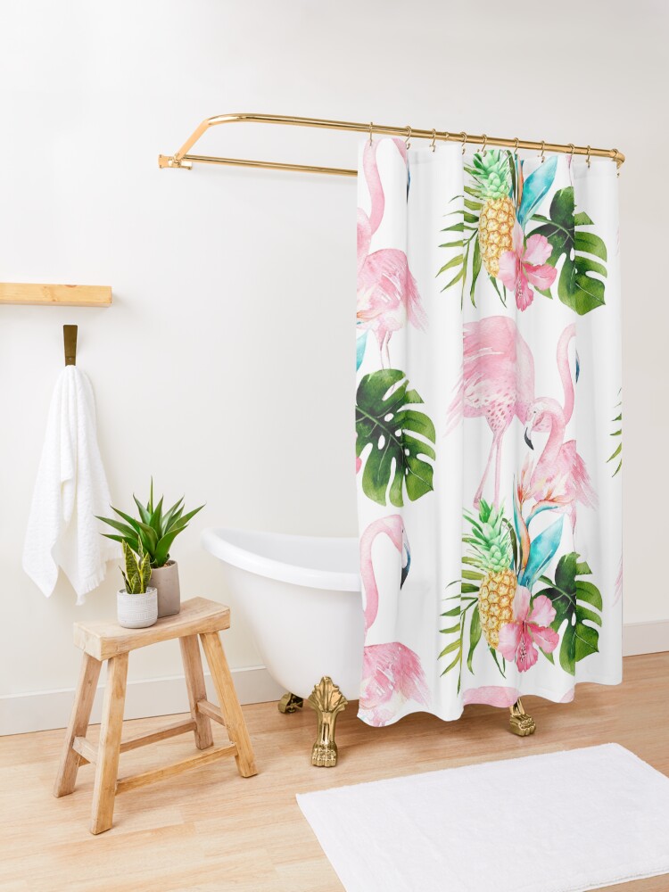Alternate view of Pink Flamingo + Tropical Foliage + Pinapples Shower Curtain