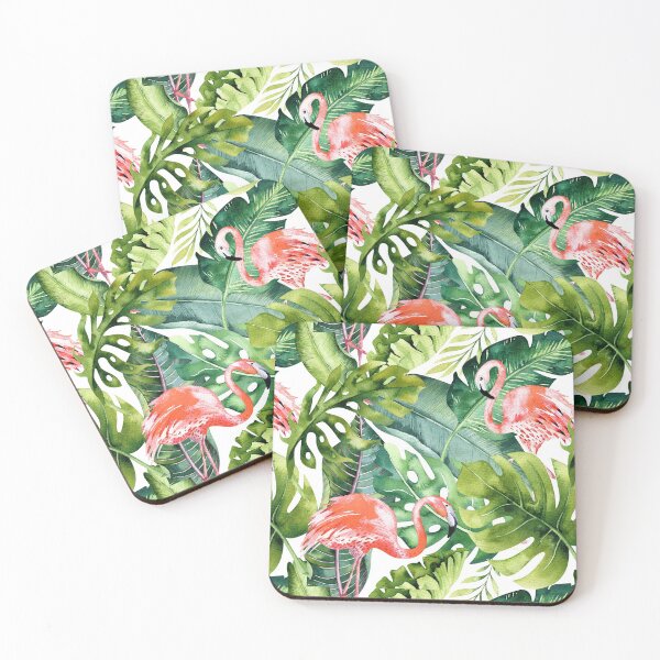 Item preview, Pink Flamingos / Coral Orange and Dark Green Tropical Foliage designed and sold by PixDezines.