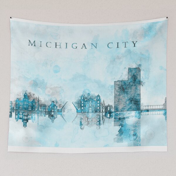 Item preview, Michigan City Monochrome Blue Skyline designed and sold by DimDom.