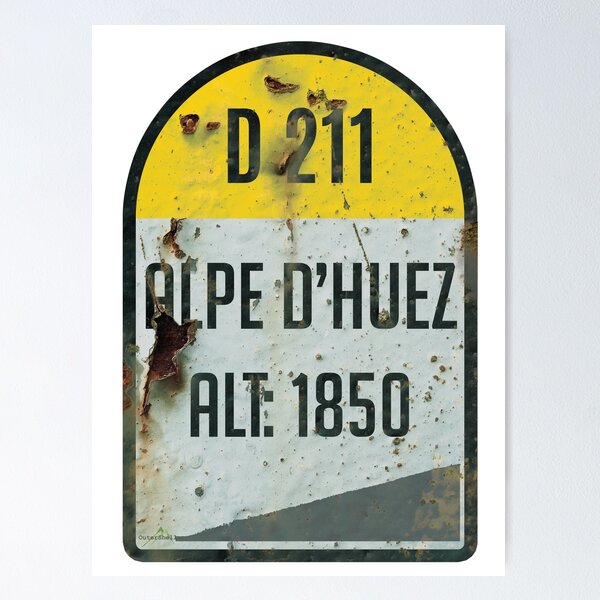 Item preview, Alpe d'Huez France Kilometre Marker Vintage Metal Effect Sticker & T-Shirt designed and sold by OuterShellUK.