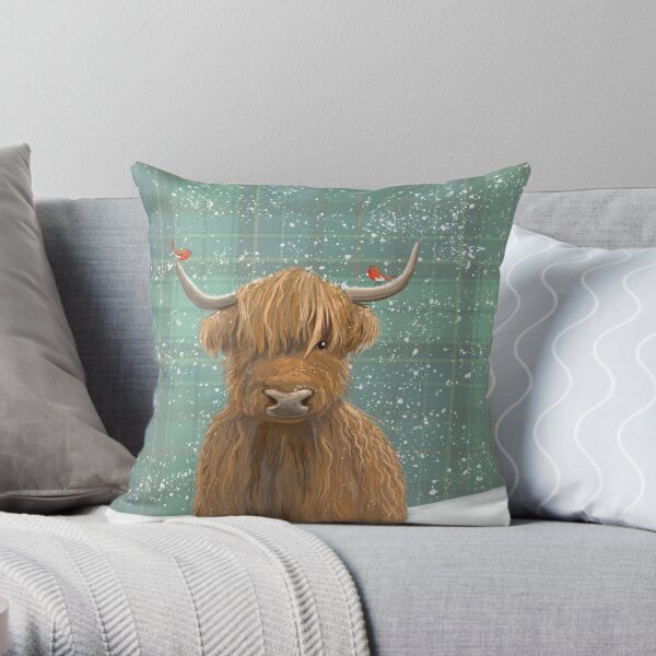 Scottish Highland Cow Winter Robins Tartan Throw Pillow