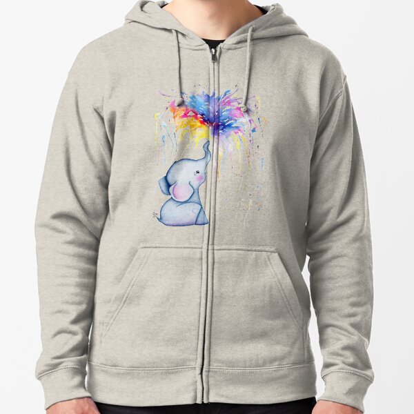 Baby Elephant Rainbow Watercolor Painting Zipped Hoodie