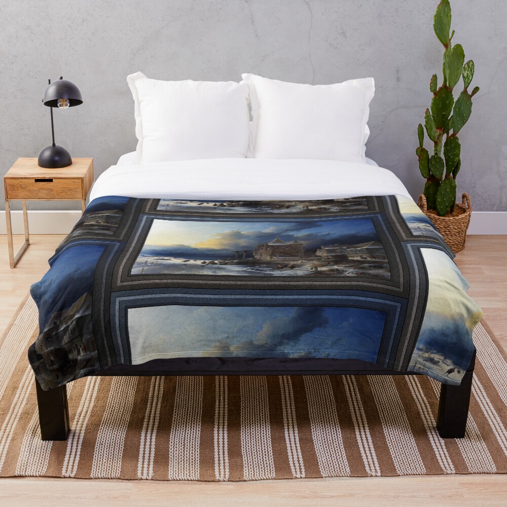 Xzendor7 Comforters, Duvet Covers and Throw Blankets - Elegance and Beauty 6 Frozen River With Skaters by Andreas Schelfhout Throw Blanket