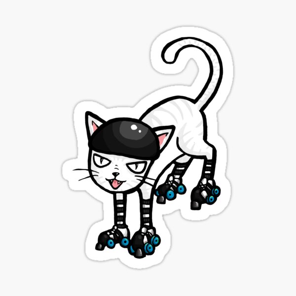 Item preview, White cat on Quad Skates designed and sold by RockRollerDerby.