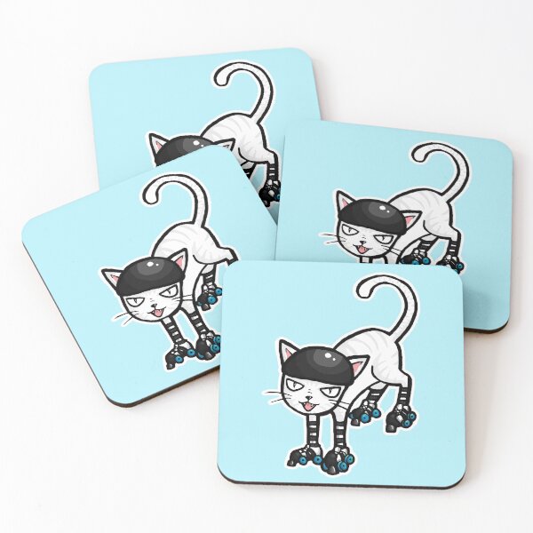 Item preview, White cat on Quad Skates designed and sold by RockRollerDerby.