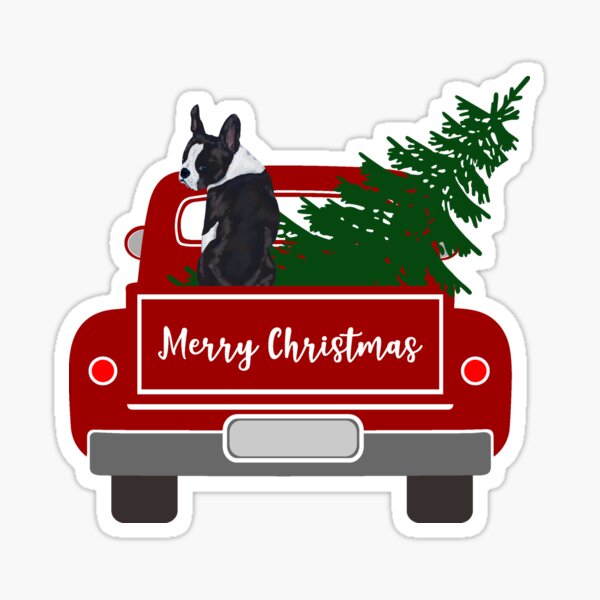 Boston Terrier - Christmas Tree- Red Retro Truck Sticker