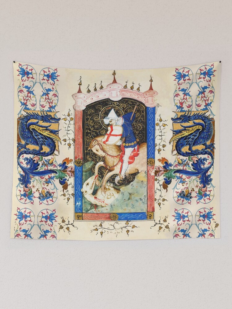 Saint George and Dragon Medieval Miniature With Red Blue Floral Motifs  Tapestry