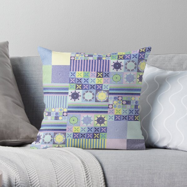 Grandma's Pretty Faux Crocheted Blanket in Blue, Purple, Pink, Green and Yellow Pastel Color Throw Pillow
