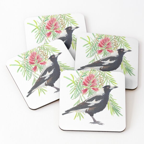 Item preview, Australian Magpie and bottlebrush tree branch with red flowers watercolour designed and sold by Zoya Makarova.