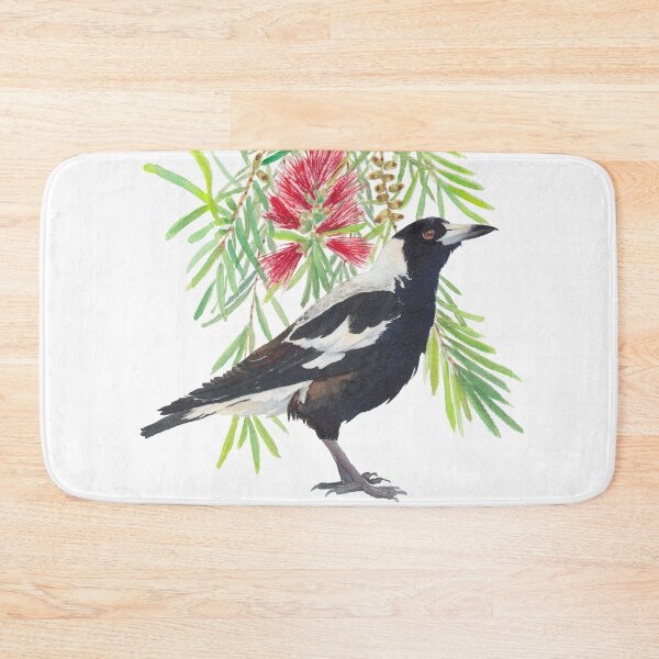 Item preview, Australian Magpie and bottlebrush tree branch with red flowers watercolour designed and sold by Zoya Makarova.