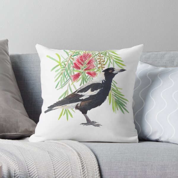 Australian Magpie and bottlebrush tree branch with red flowers watercolour Throw Pillow