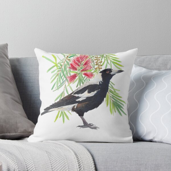 Item preview, Australian Magpie and bottlebrush tree branch with red flowers watercolour designed and sold by Zoya Makarova.