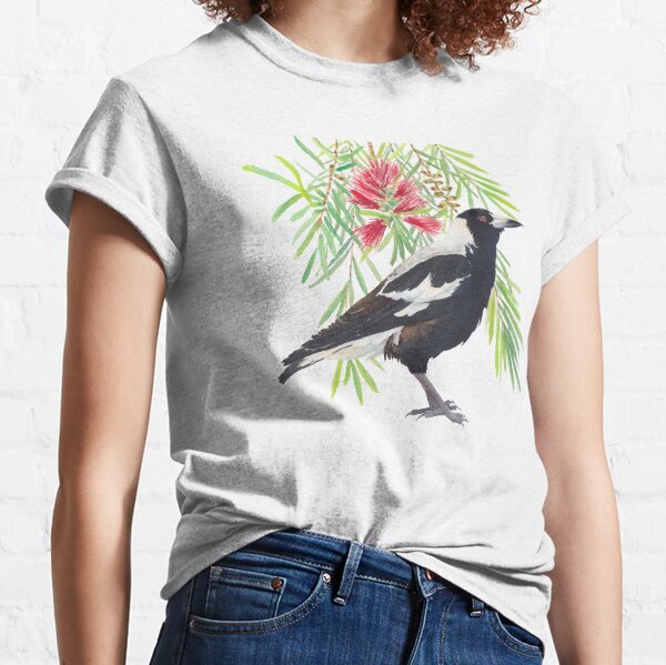 Item preview, Australian Magpie and bottlebrush tree branch with red flowers watercolour designed and sold by Zoya Makarova.