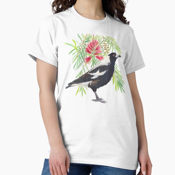 Item preview, Australian Magpie and bottlebrush tree branch with red flowers watercolour designed and sold by Zoya Makarova.