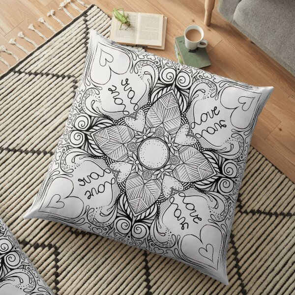 Valentine's Day (black on white) MandalART Floor Pillow