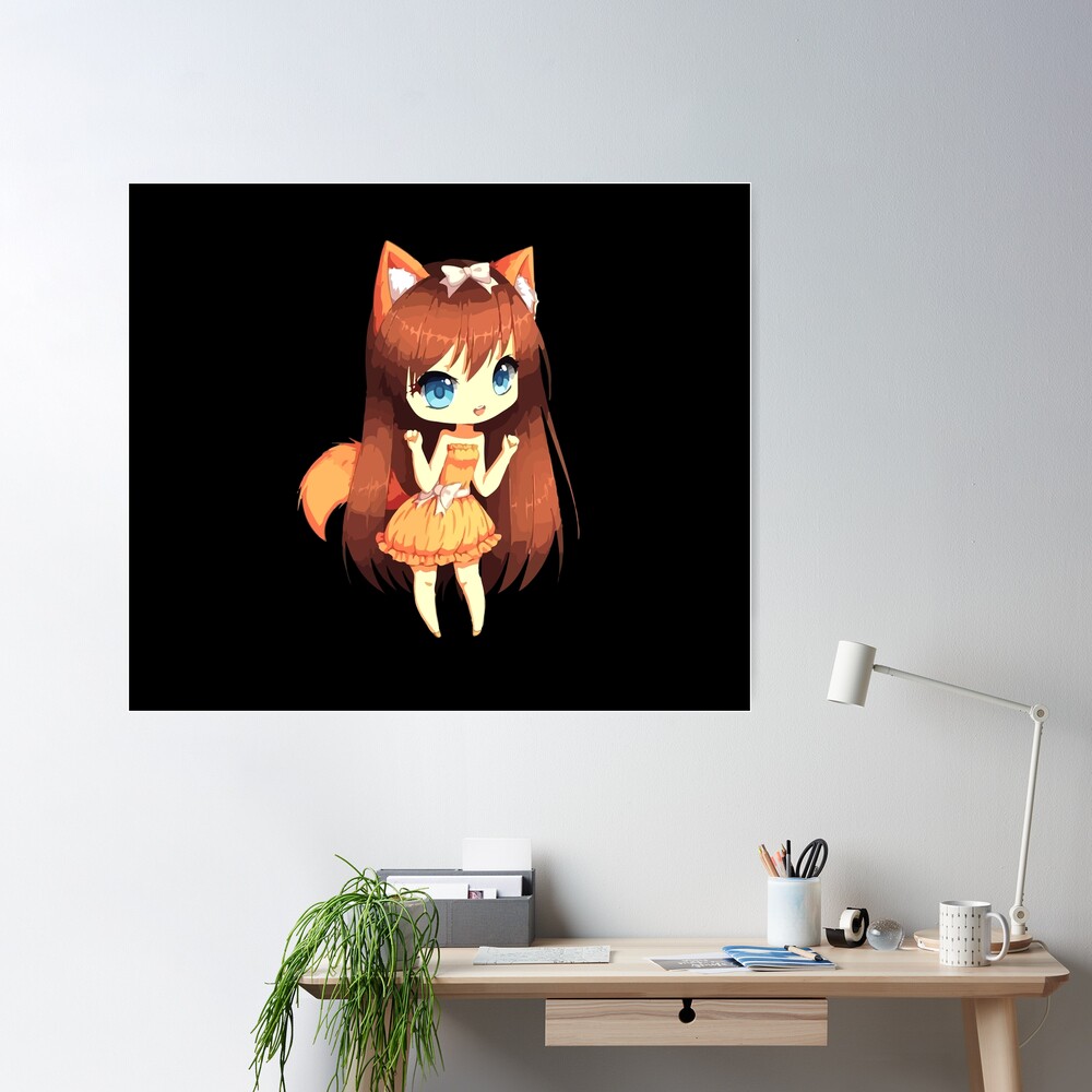 Cute Chibi style Kawaii Anime Girl with Fox Ears and Tails Digital