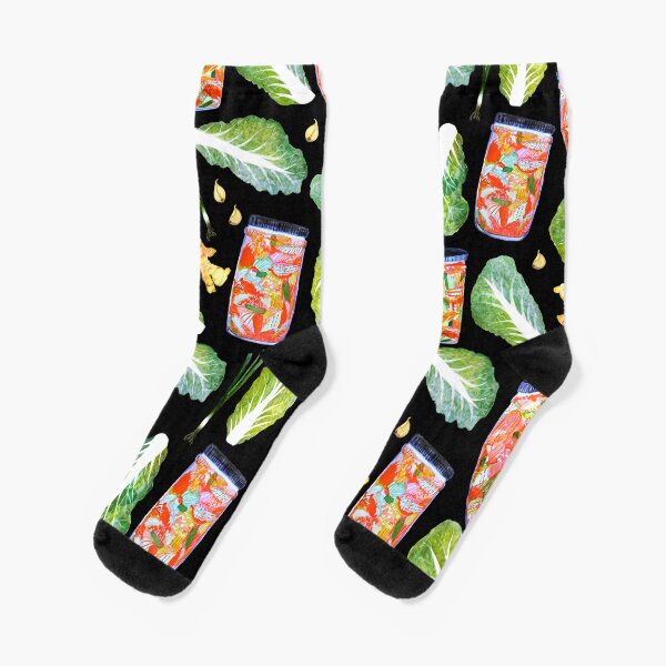Kimchi Watercolor Ingredients Spicy Fermented Fun Pattern Black Socks