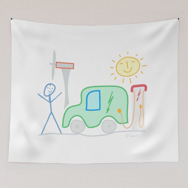 Item preview, E-car stick figure man pinwheel charging station sun mobile climate nature designed and sold by KlareLinie.