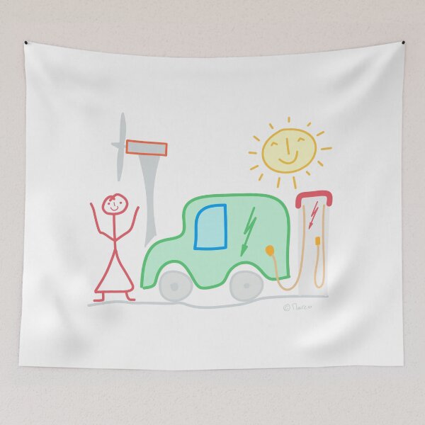 Item preview, E-car stick figure woman pinwheel charging station sun mobile climate nature designed and sold by KlareLinie.