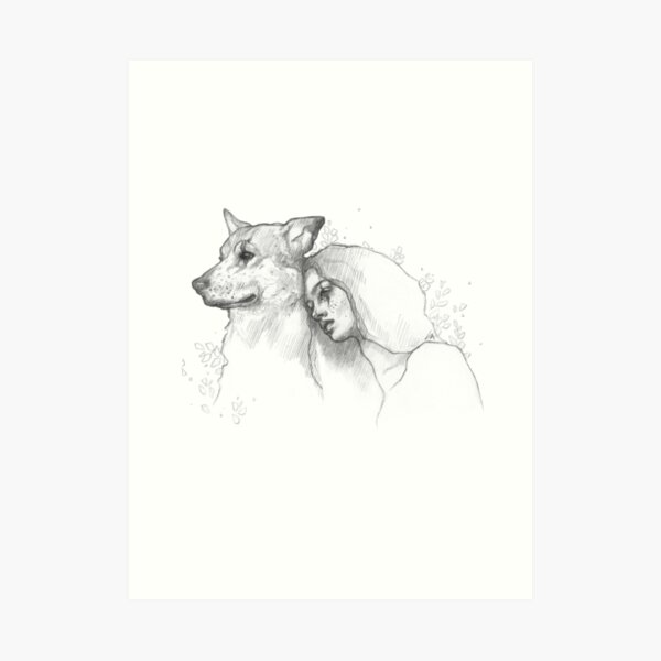 Girl and Dog - Black& White Pencil Line Sketch - Drawing by MadliArt Art Print