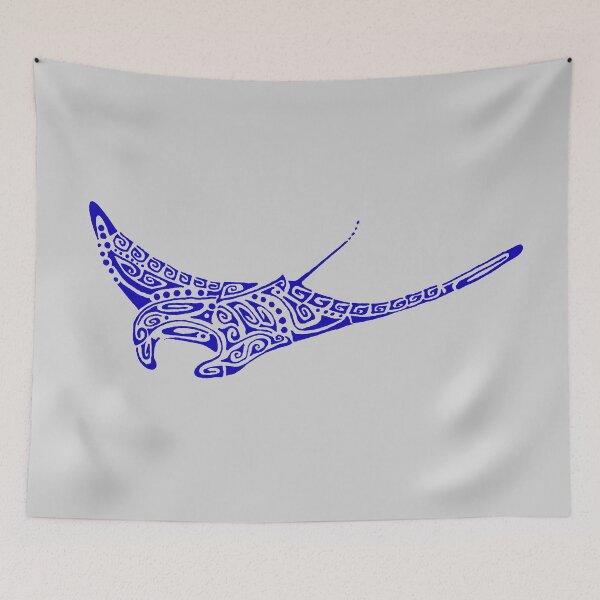 Item preview, Manta ray ultramarine blue tattoo pale gray background designed and sold by Zamen.