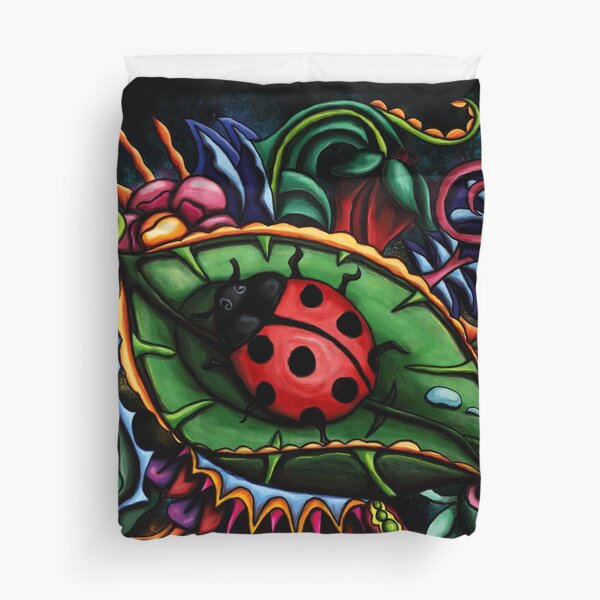 Red ladybug on a green leaf, whimsical garden abstract art Duvet Cover