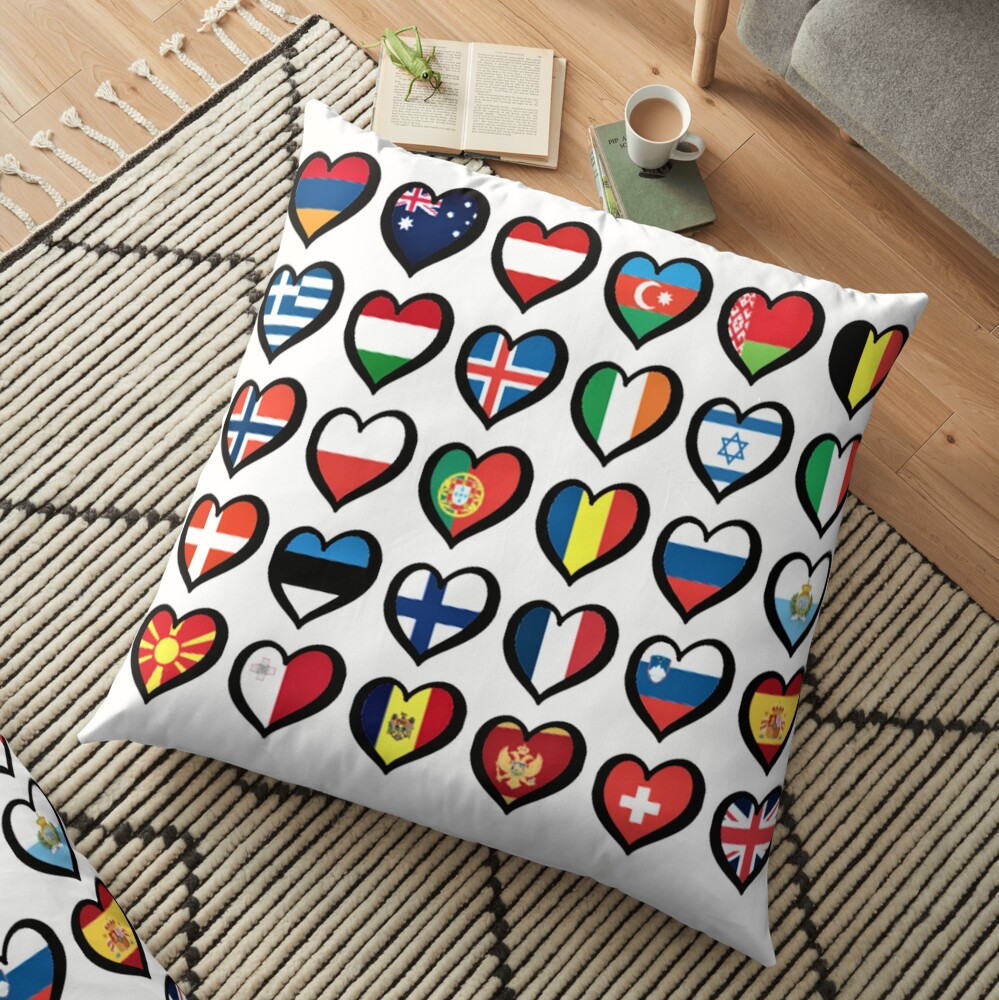 EBU Logo Eurovision Hearts European Flags On Shirts Bags And Gadgets Floor Pillow